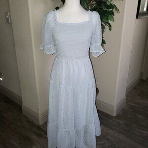 Merokeety Blue Swiss Dot Puff Sleeve Dress